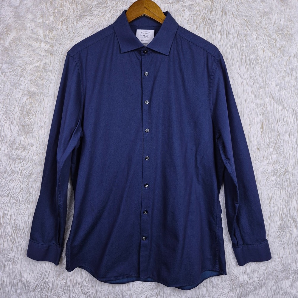 Charles Tyrwhitt Mens Super Slim Fit Shirt Navy Blue Cotton Button Down 16.5/34